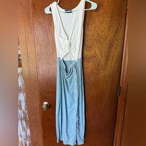 Anna Grace Blue Ruched Plunge Maxi Gown